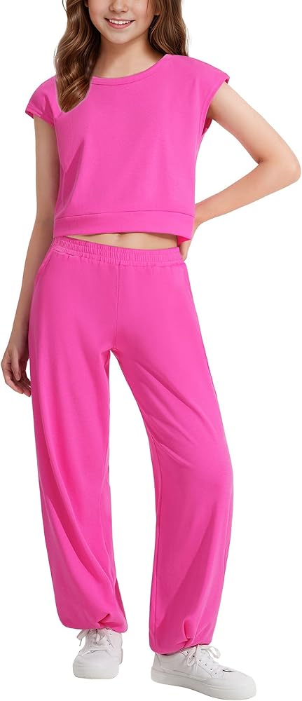 Witwot Girls 2 Piece Outfits Sets Sleeveless Tops Sweatpants Kids Tracksuits Clothing Sets, Rose Pink, 11-12Y