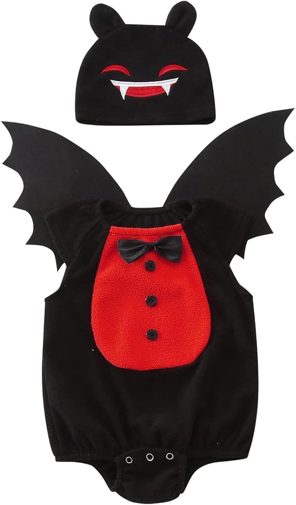 Baby Newborns Baby Girls Boys Halloween Soft Fleece Romper Jumpsuit Sets with Wing Hat 3PCS Set Costumes Baby