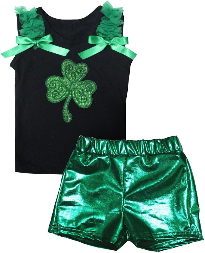 Petitebella Sequins Clover Black Shirt Green Bling Short Set 1-8y