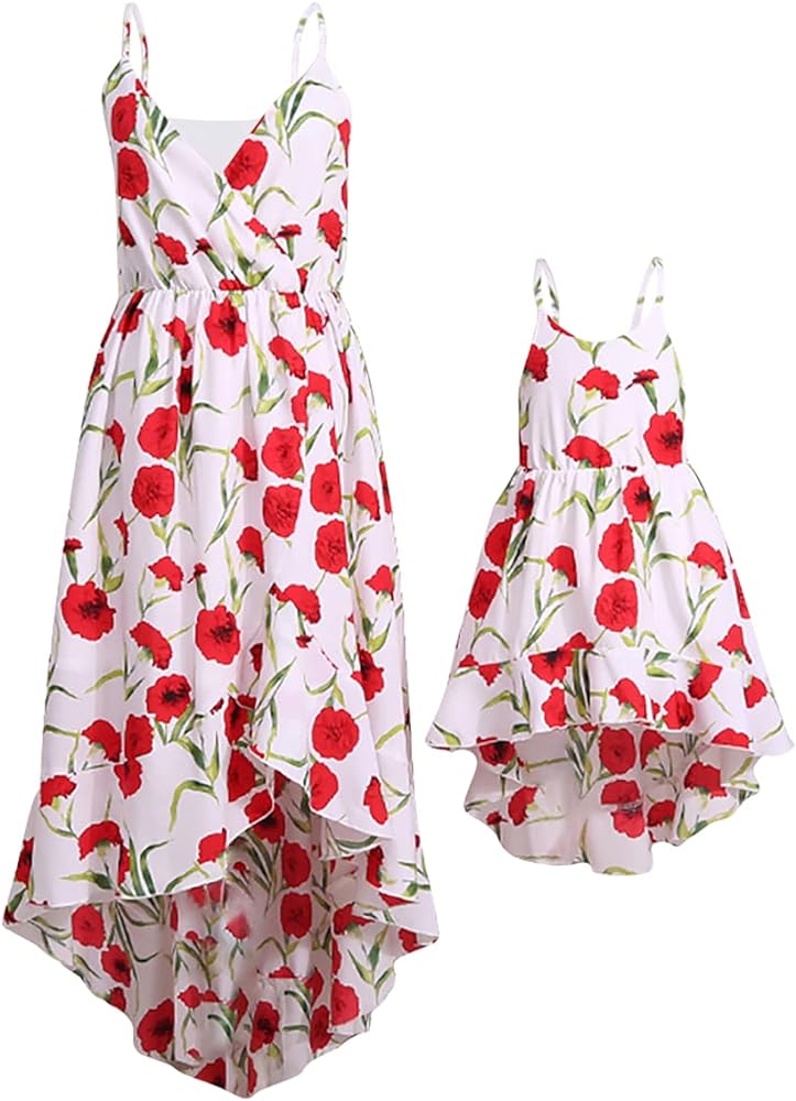 PopReal Mommy and Me Dresses Vintage Butterfly Floral Printed Spaghetti Straps V-Neck Beach Cami Dress