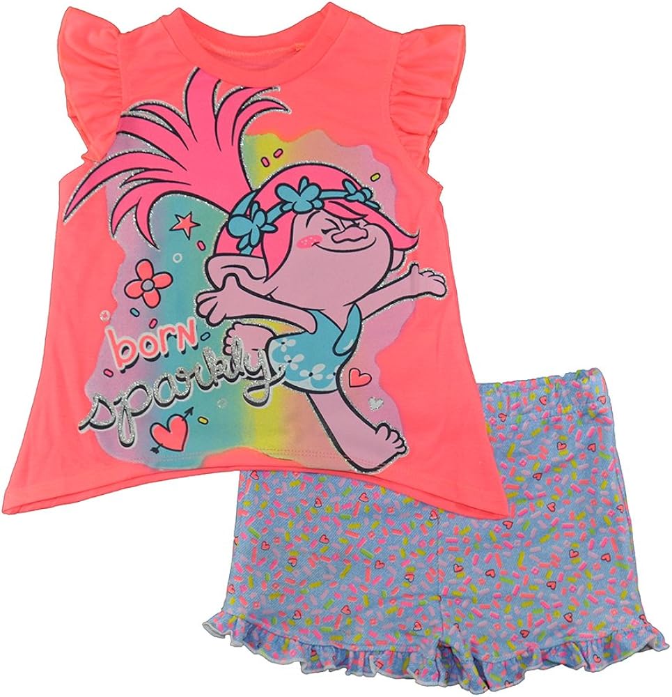 Trolls Little Girls Toddler Coral & Multi Color Two-Piece Short Set