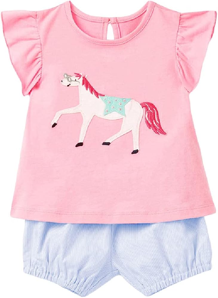 Summer New Girls' Suits,Girls' Knitted Cotton Cartoon Unicorn Printed Two Pieces Suits.