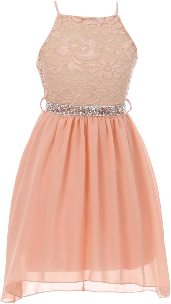 Chiffon Spaghetti Strap Rhinestone Belt Flower Girl Dress for Girls