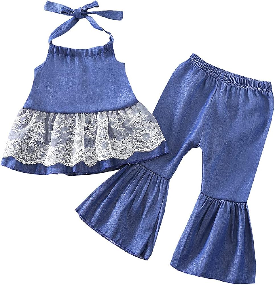 Quenny Summer New Girls' lace Halterneck Flared Pants Suits,Girls' Denim Retro Two-Piece Suits.