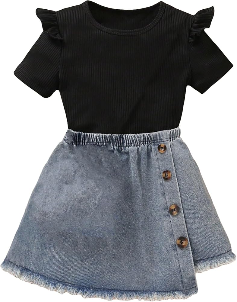 OYOANGLE Girl's 2 Piece Outfits Rib Knit Short Sleeve Ruffle Trim Tee Top and Denim Skirts Set