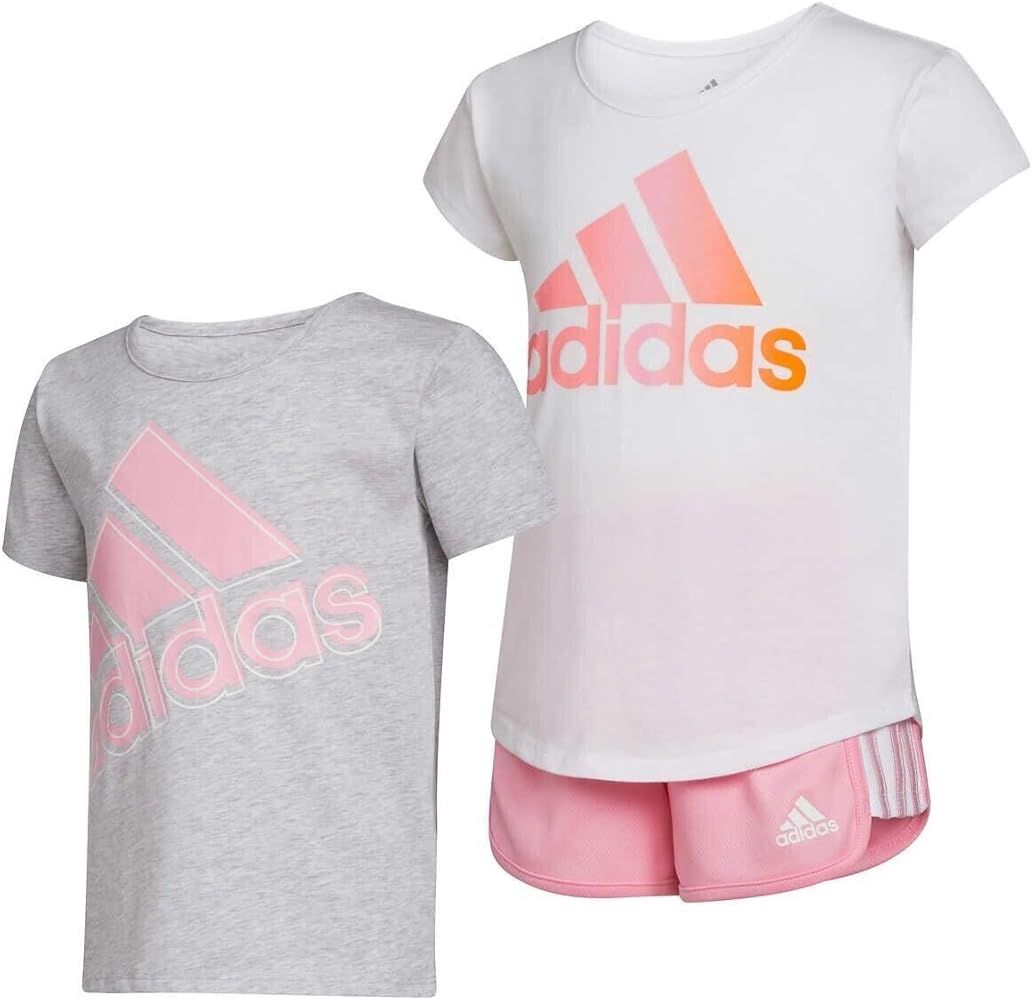 adidas Little Girl's 3 Piece Outfit Set, 2 Tees, 1 Short (White/Grey, 5)