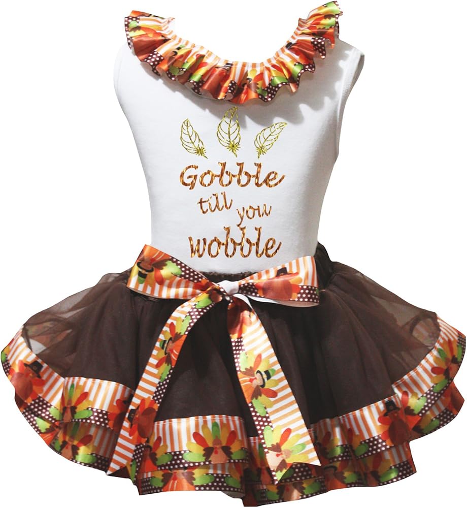 Petitebella Gobble Til You Wobble White Shirt Brown Turkey Petal Skirt Nb-8y