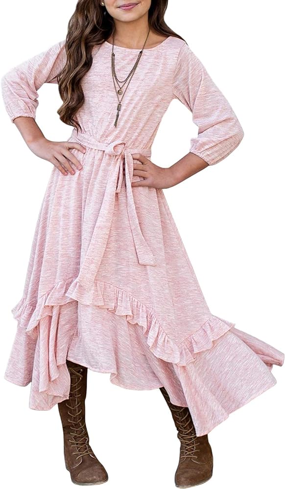 MITILLY Girls Loose Plain 3/4 Sleeve Casual Pocket Ruffle Swing Long Maxi Dress with Belt