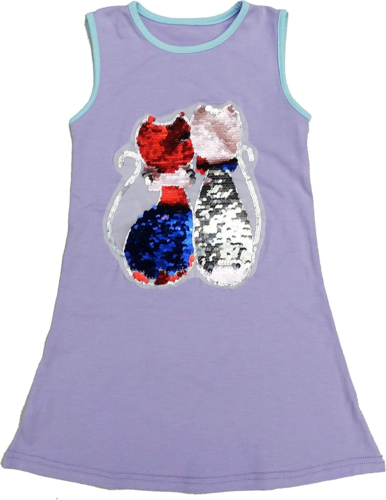 Lavender Reversible Sequins Dual Cat Cotton Dress Girl's S(1Y-2Y)