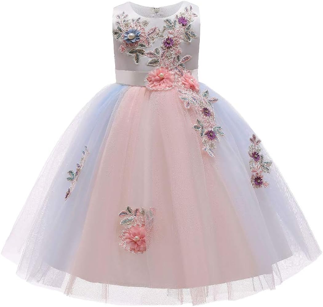 Quenny Children's Mosaic Beaded Fluffy mesh Princess Dress,Girls' Catwalk Performance Dress,Flower Girls' Printed Dress.