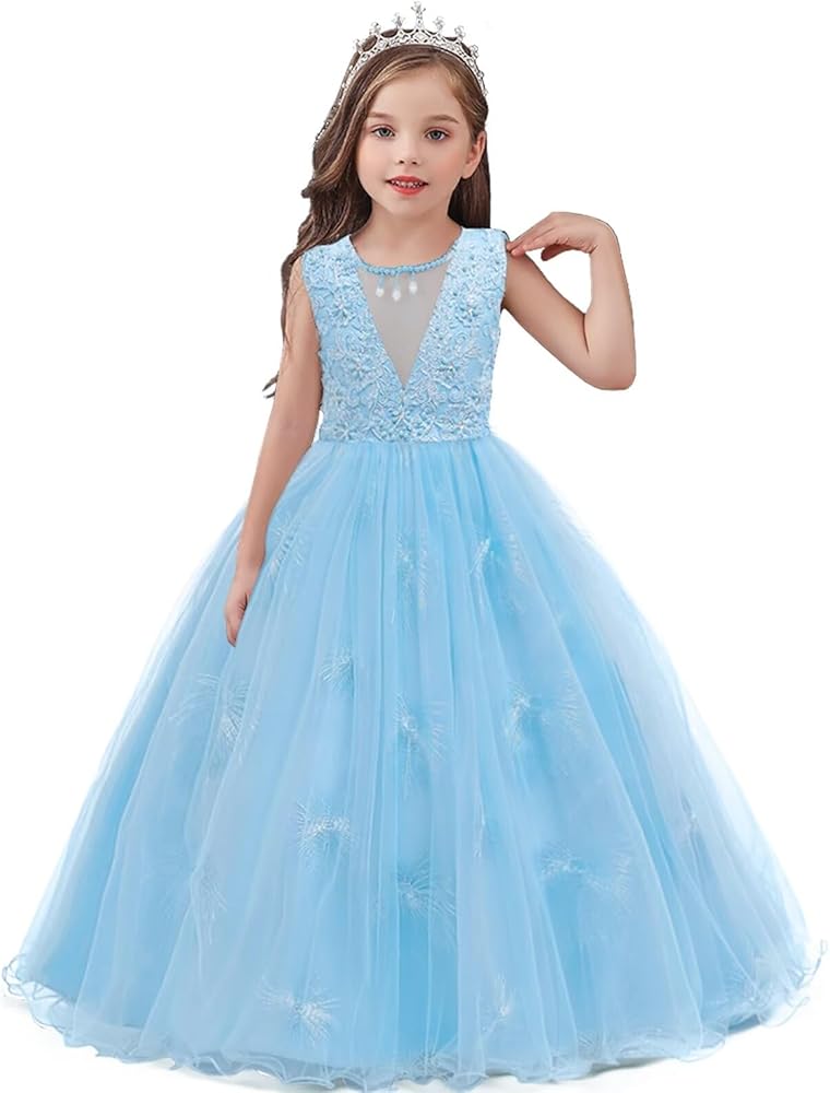 V-Neck Flower Girl Dress Lace Maxi Dress Girls Formal Wedding Tulle Dresses for Pageant Prom Ball Gown