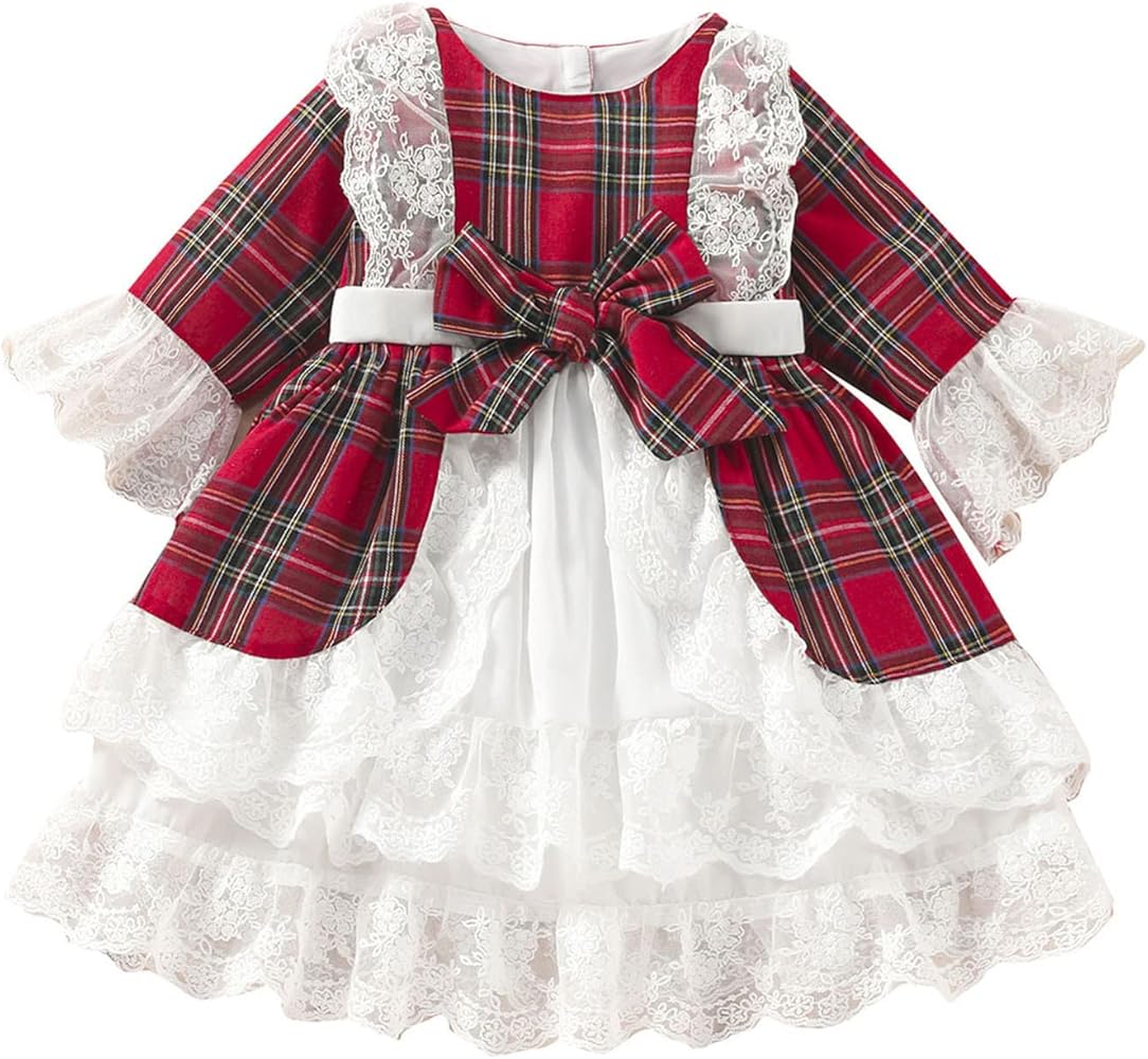 Children Place Dresses for Girls Toddler Girls Christmas Long Sleeve Lace Patchwork Plaid Off The Shoulder Girls