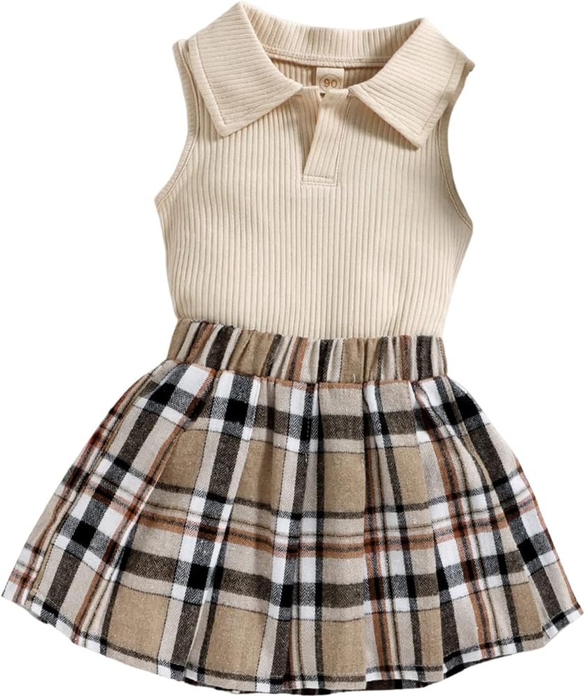 SOLY HUX Toddler Girl's 2 Piece Outfits Ribbed Knit Short Sleeve Tee Tank Top Plaid Pleated Skirt Set