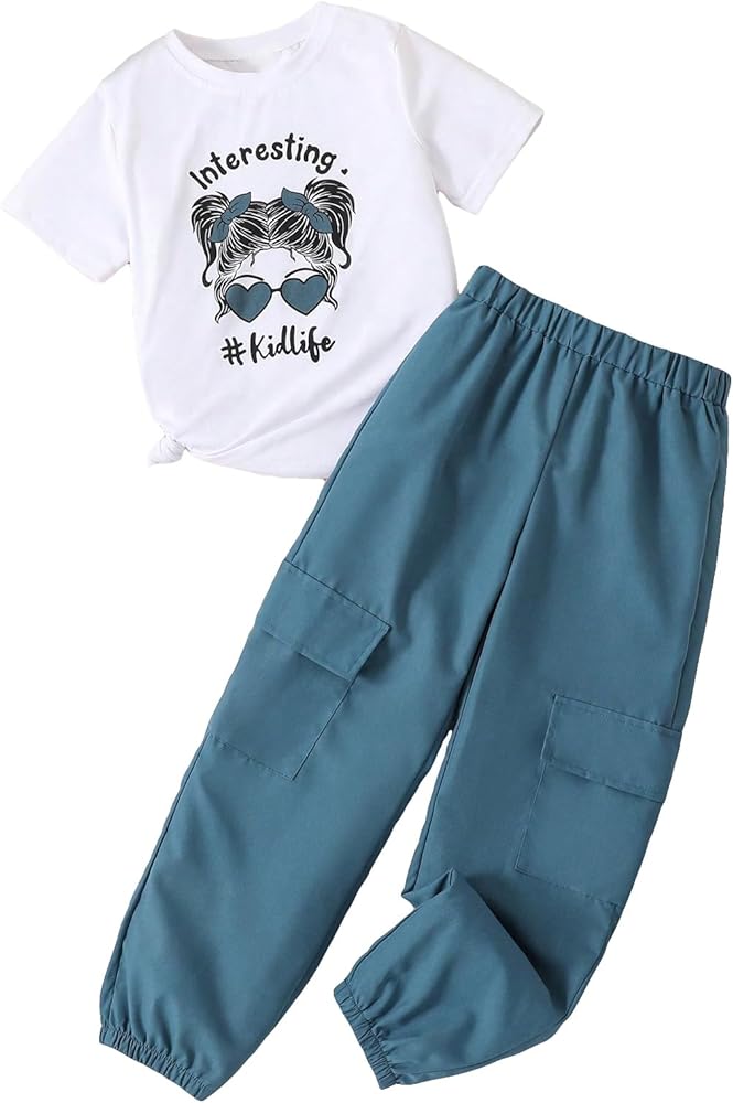 Floerns Girl's 2 Piece Outfit Printed Short Sleeve Tee Shirt Flap Pocket Pants Set