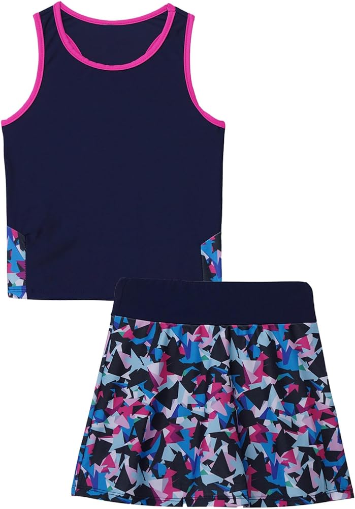 YEAHDOR Kids Girls 2 Pieces Tennis Golf Dress Set with Shorts Racerback Tank Tops and Tennis Skirt Skorts Tracksuit Set