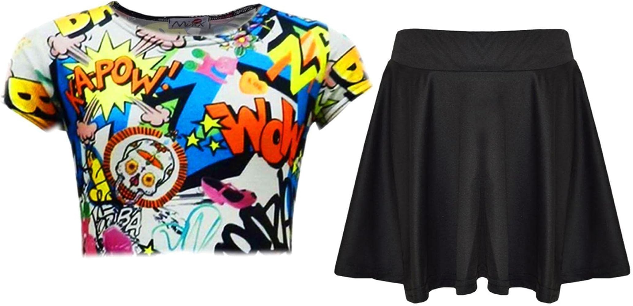 Kids Girls Comic Graffiti Print Legging Skater MIDI Dress Crop TOP Skirt 2-13 Yr[7-8 Years,Crop Top & Skater Skirt Set]