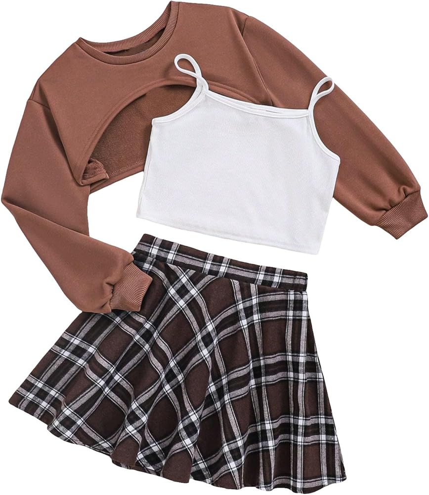 Milumia Girl's 3 Piece Outfits Long Sleeve High Low Pullover Crop Top Plaid Skater Skirt with Camisole