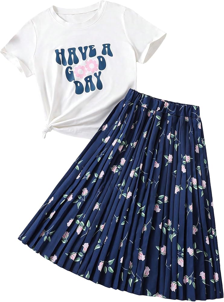 Floerns Girl's 2 Piece Outfit Letter Slogan Print T Shirt and Floral Pleated Skirt Set