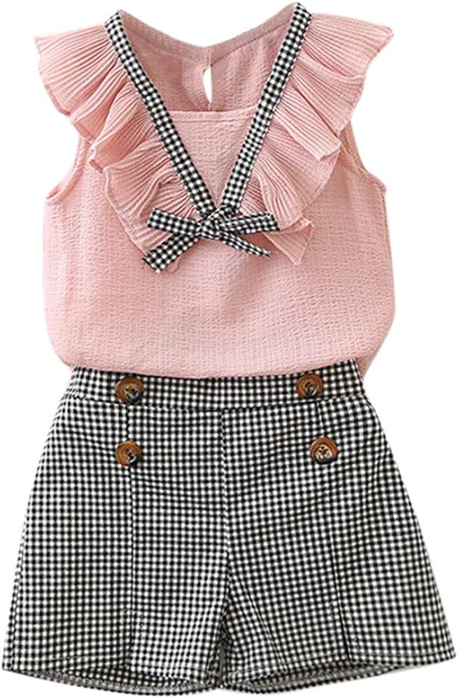 Toddler Kids Baby Girls Outfits Clothes Bowknot Vest Tops Plaid Shorts Pants Set Gift Basket Baby Girl Outfits