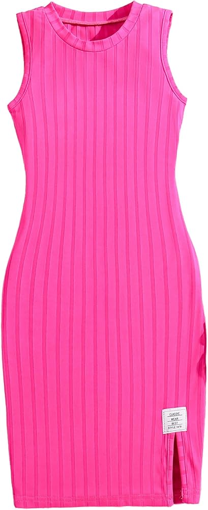 Hilinker Girls Ribbed Knit Sleeveless Dress Side Split Crew Neck Tank Dresses