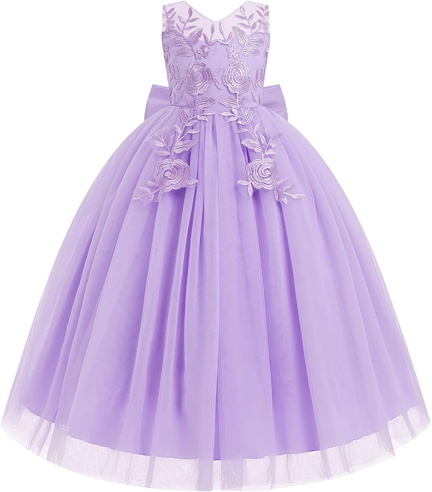 IDOPIP Flower Girl Lace Dress for Kids Wedding Bridesmaid Pageant Party Formal Long Gown Princess Communion Tulle Bow Dresses