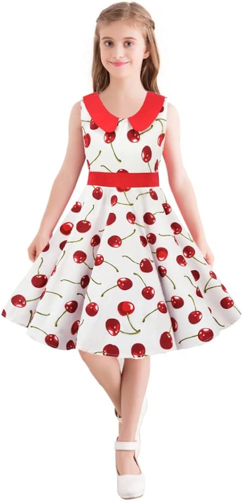 3-12Y Vintage Polka Dot Swing Girls Dresses Audrey Print Sleeveless Dress with Peter Pan Collar