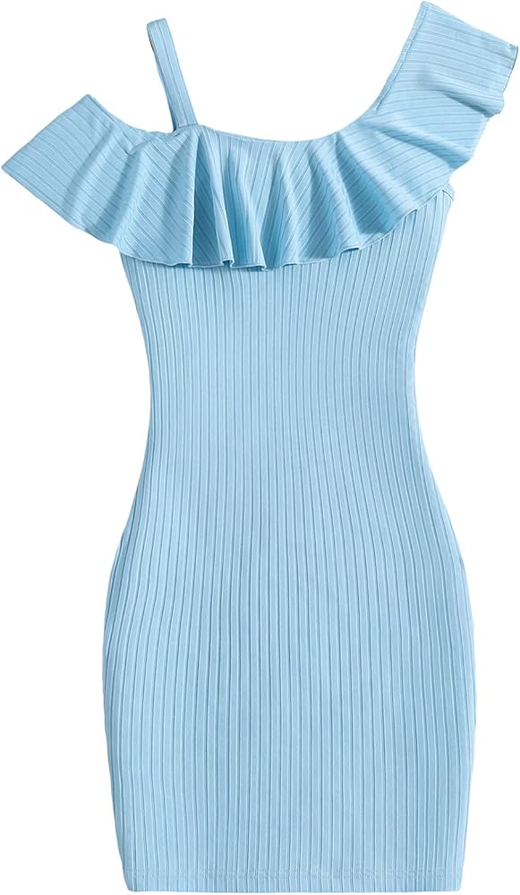 SOLY HUX Girl's Off Shoulder Short Sleeve Lettuce Trim Bodycon Short Dress Solid Light Blue 14Y