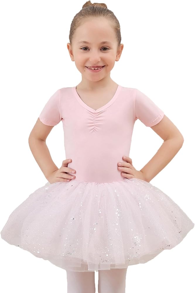 Girls Ruffle Sleeve Ballet Dance Dress Leotards Short Sleeve Dancewear Crisscross Back Ballet Dance Dress