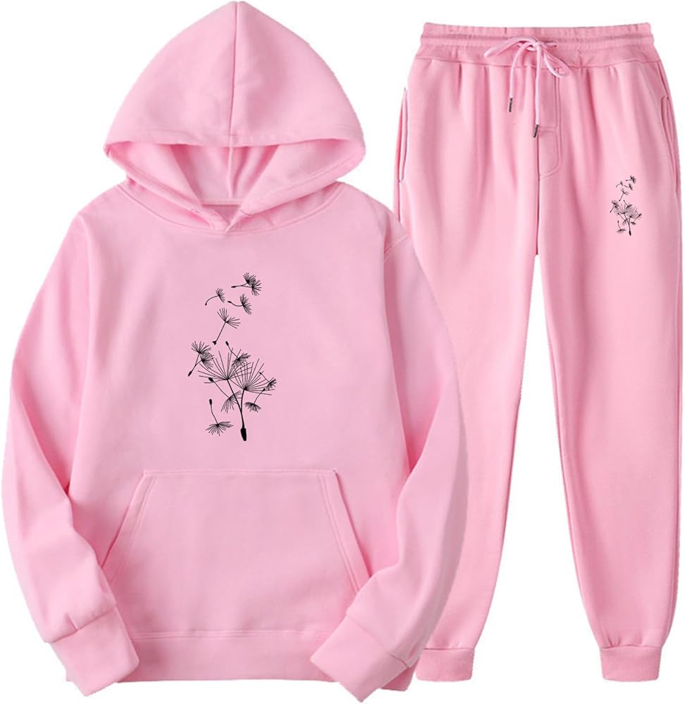 Womens Graphic 2 Piece Outfits Sweatsuit Trendy Dandelion Print Hoodie Long Sleeve Sweatshirt Jogger Pants Loung Sets