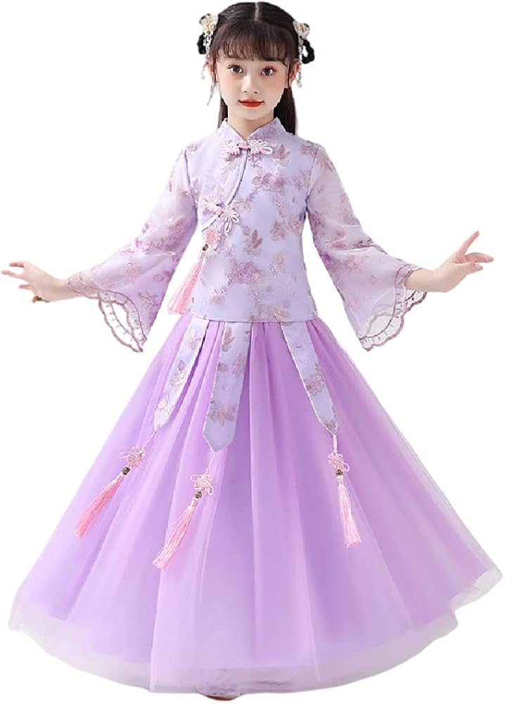 Quenny Spring and Autumn Chinese Style Hanfu Suit,Girls' Buckle Embroidered Chinese Knot Cheongsam Two-Piece Suits.