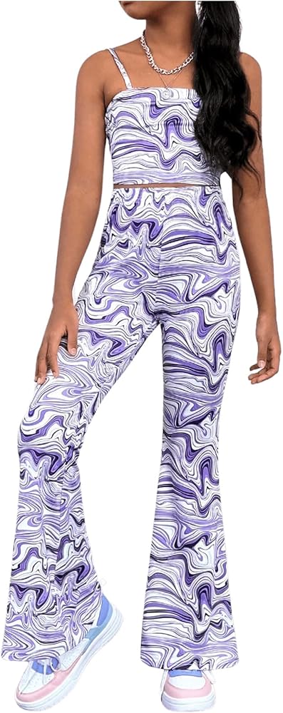 OYOANGLE Girl's 2 Piece Outfits Marble Print Cami Crop Top and Elastic Waist Flared Pants Set