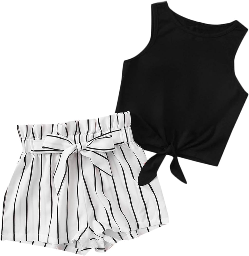 OYOANGLE Girl's 2 Piece Outfits Summer Tie Knot Tank Top and Paperbag Waist Striped Shorts Set