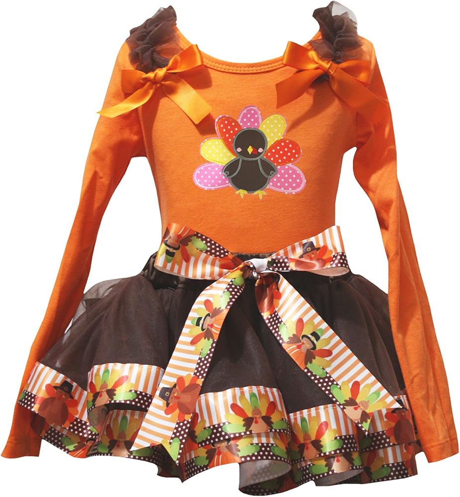 Petitebella Thanksgiving Turkey Orange L/S Shirt Brown Turkey Petal Skirt Nb-8y