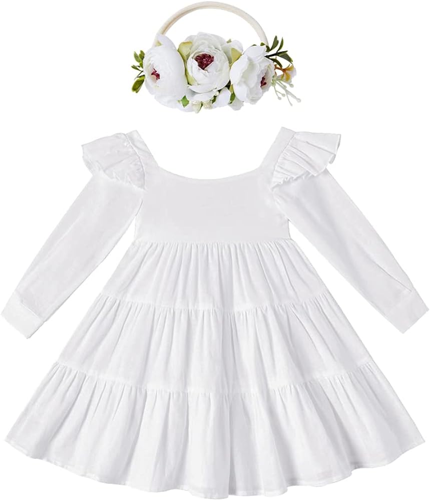 ANATA Baby Girls Linen Vintage Dress Ruffle Retro Flower Girl Dresses Boho Sundress