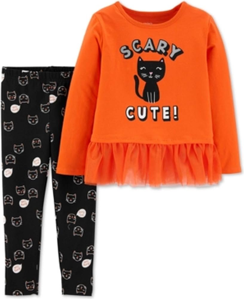 Carter's Toddler Girls Orange Black Cat Kitten Sparkle Glitter Tutu 2 Pc Set