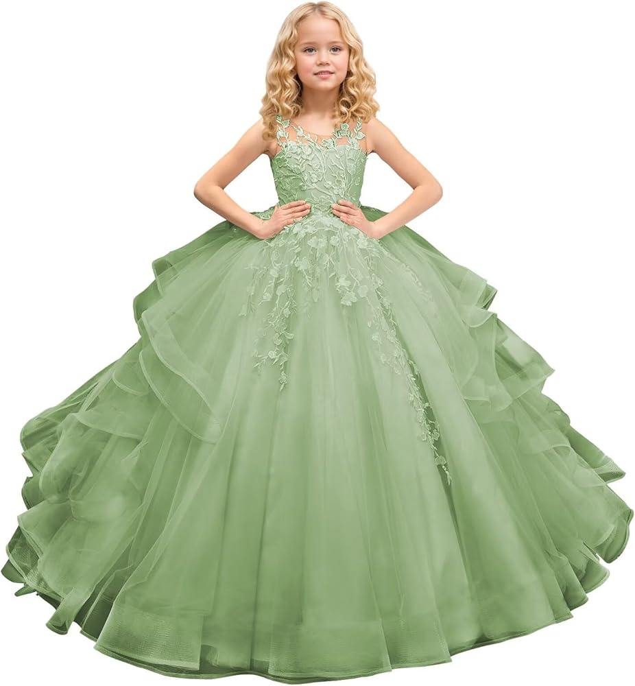 Tulle Princess Sleeveless Pageant Dresses Long Lace Applique Flower Girl Dress Kids Birthday Party Ball Gown