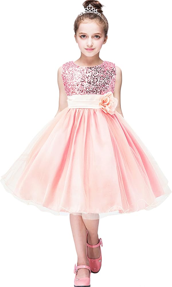 YMING Girls Flower Party Tutu Dress Sequin Flare Lace Princess Dress Wedding Pageant Ball Gown