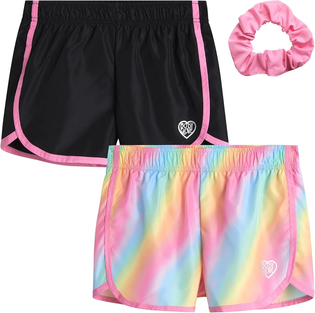 Body Glove Girls' Shorts - 2 Pack Athletic Performance Dry Fit Dolphin Gym Shorts, Scrunchie (7-12)