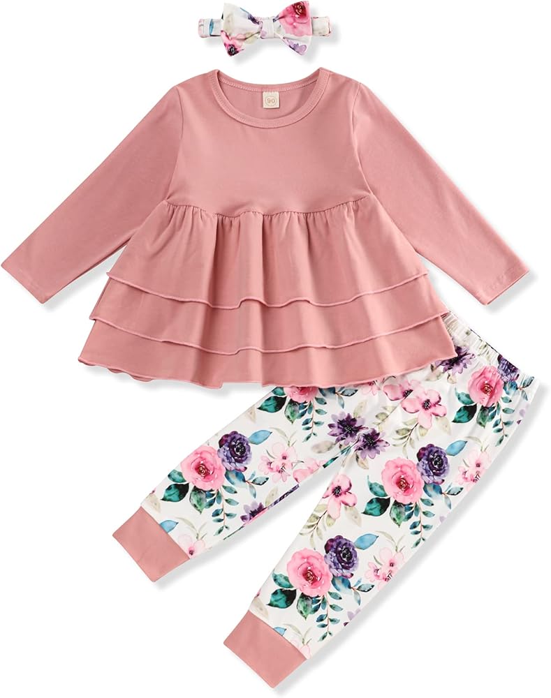 Toddler Baby Girl Clothes Solid Color Ruffle Tops Floral Pants with Cute Headband Outfit Set