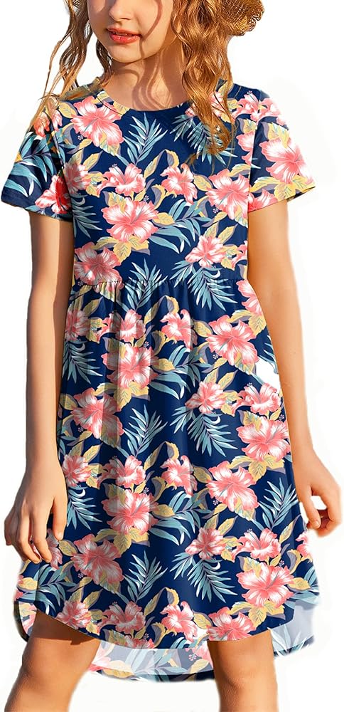 Arshiner Dresses Casual Floral Family Outfits Summer Matching Midi High Low Hem Dress 12-13 Years