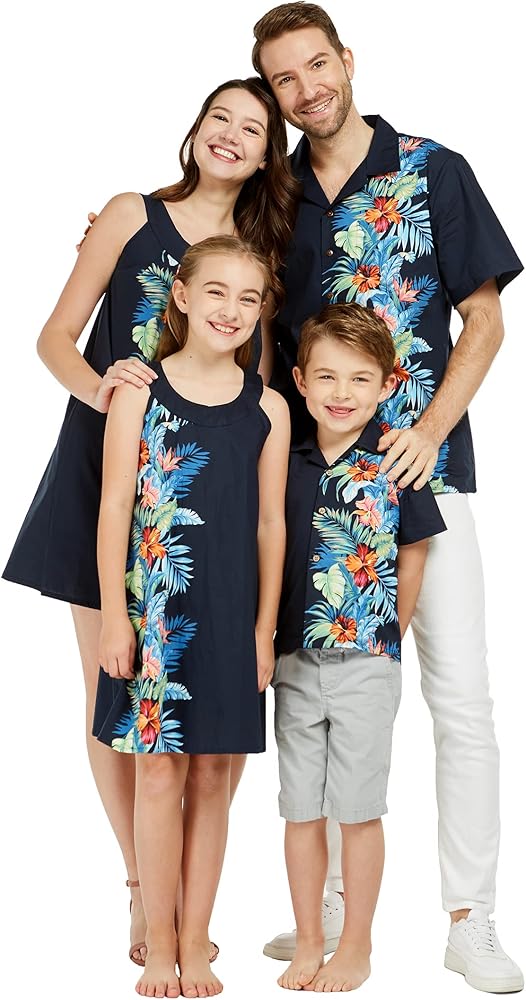 Matchable Family Hawaiian Luau Men Women Girl Boy Clothes in Orchid Paradise Navy