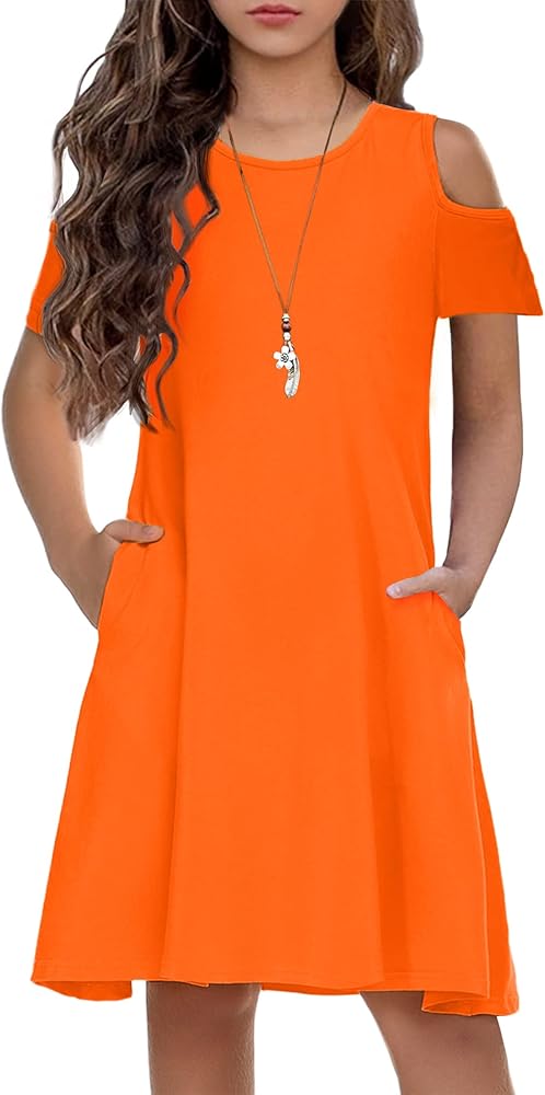 Arshiner Girls Summer Dress Short Sleeve Cold Shoulder Solid Color Swing Casual Dresses with Pockets