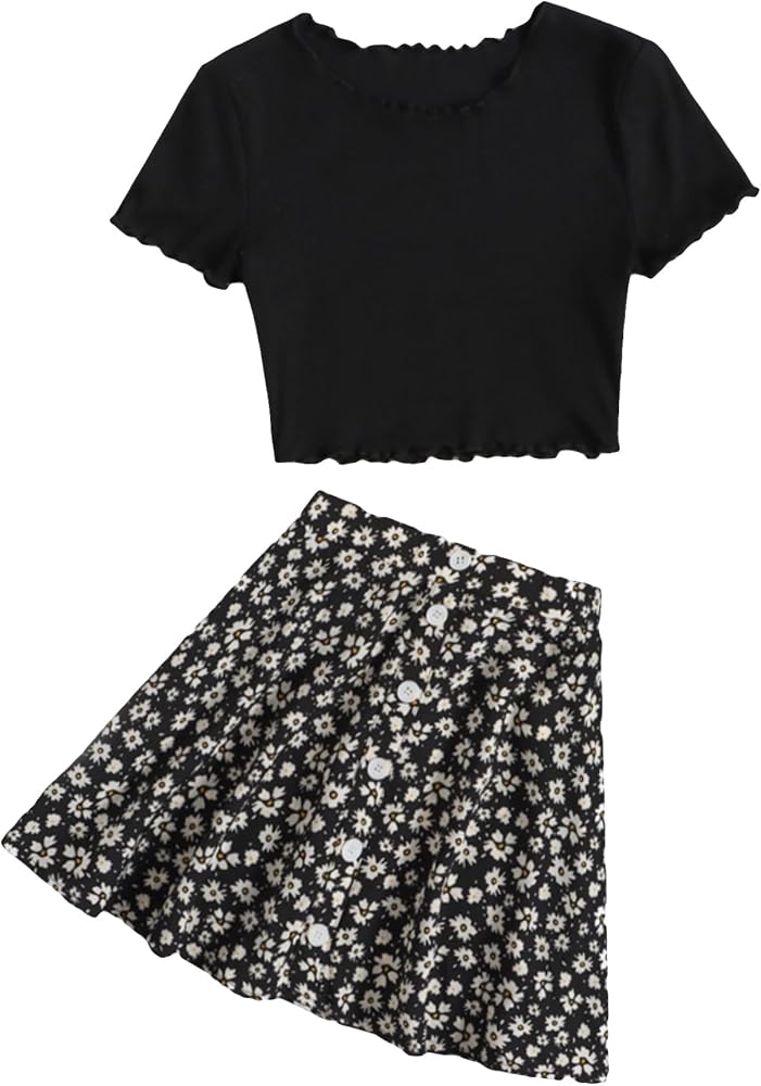 SHENHE Girl's Floral Skirt Outfits Two Piece Short Sleeve Crop Top T Shirt and Skirt Set