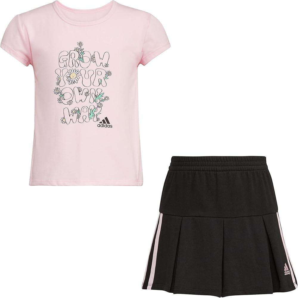 adidas Girls Short Sleeve Tee & Pleated Skort Sporty Outfit Set