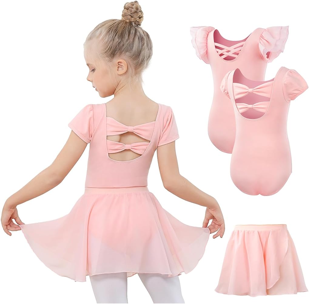 Gogokids 3 Pcs Ballet Leotards for Girls, Toddler Dance Dress Outfit with Removable Shiny Skirt Combo