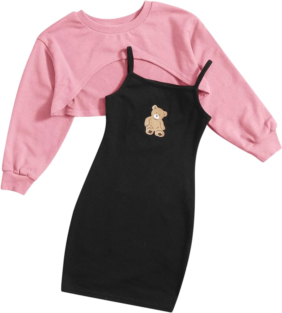 Cute Toddler Girls 2 Piece Outfits - Long Sleeve Crop Top Cartoon Bear Cami Dress Set Preppy Clothes