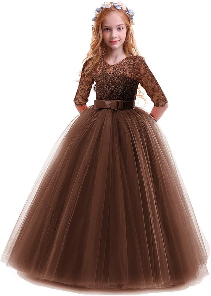 Girls Flower Vintage Floral Lace 3/4 Sleeves Floor Length Dress Wedding Party Evening Formal Pegeant Dance Gown