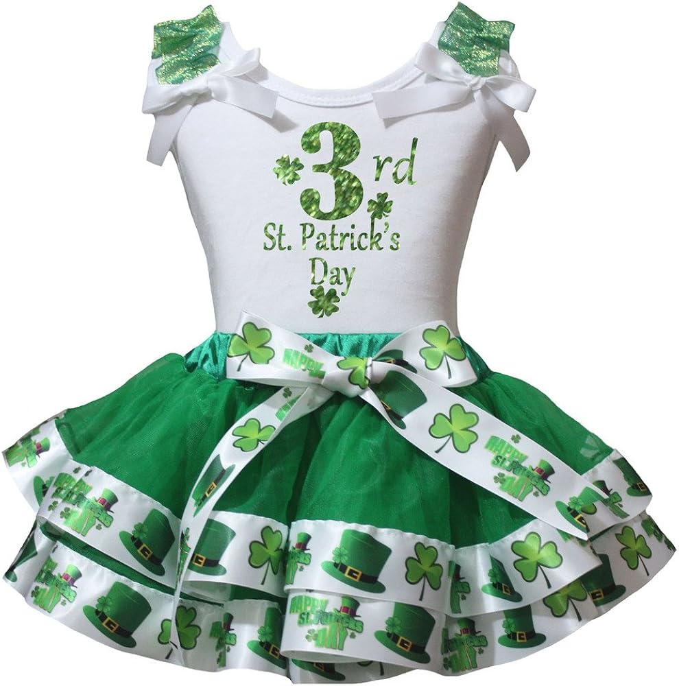 Petitebella 3rd St. Patrick's Day White Shirt Clover Green Petal Skirt Set Nb-8y