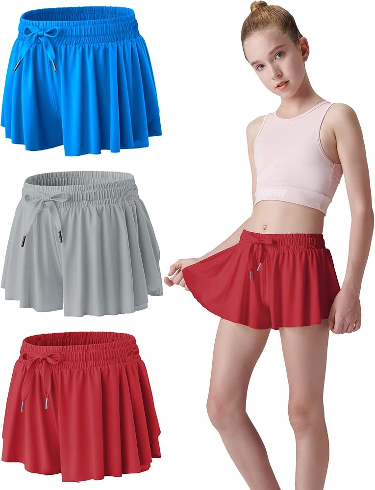 3 Pack Girls Flowy Shorts with Spandex Liner 2-in-1 Youth Butterfly Skirts for Fitness, Running, Sports