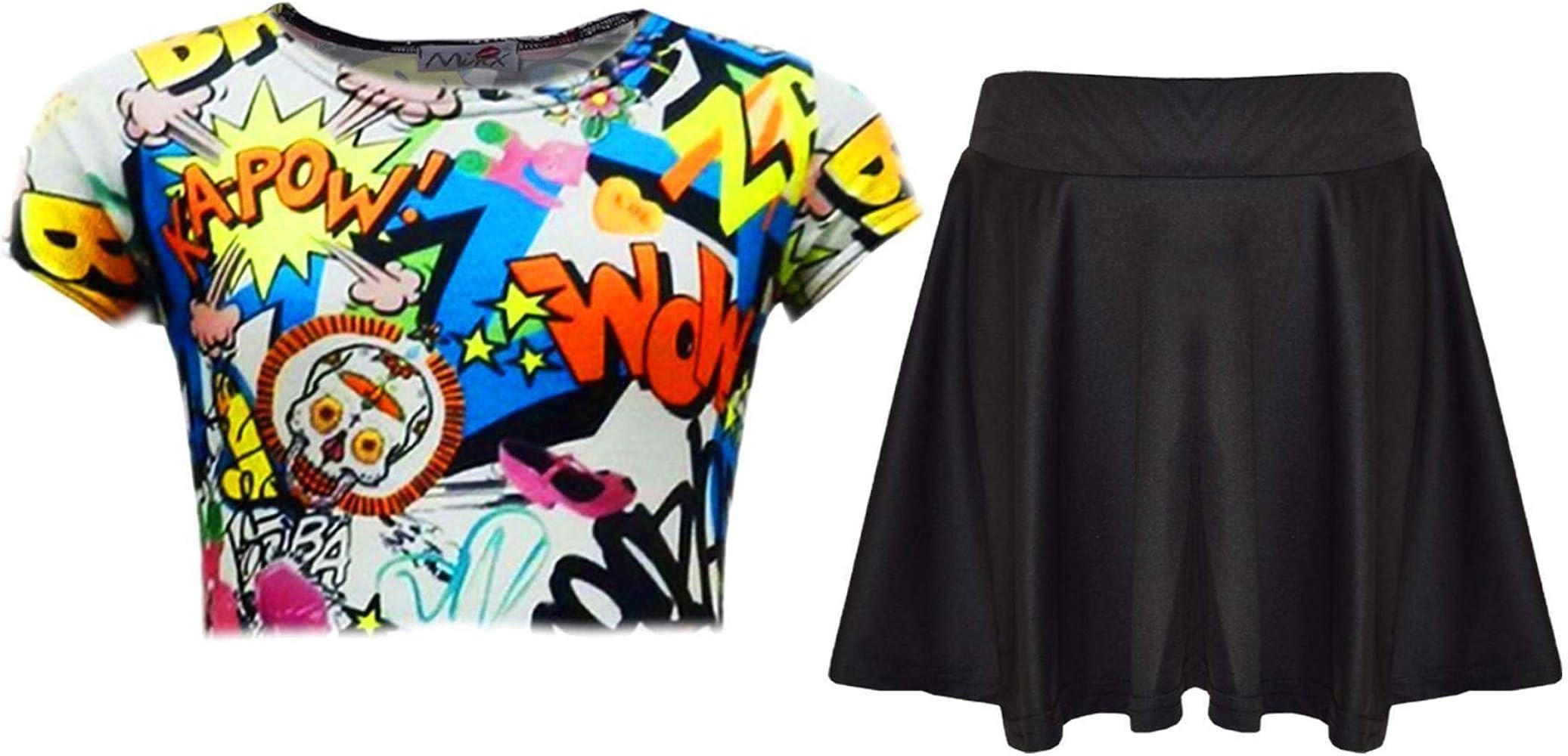 Kids Girls Comic Graffiti Print Legging Skater MIDI Dress Crop TOP Skirt 2-13 Yr[13 Years,Crop Top & Skater Skirt Set]